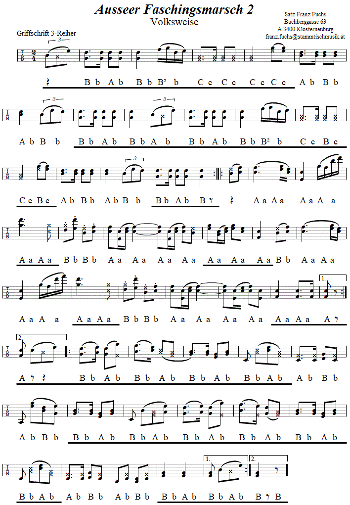 Ausseer Faschingsmarsch 2, in Griffschrift für Steirische Harmonika