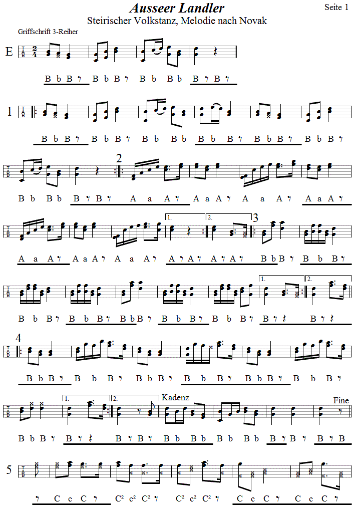 Ausseer Landler, in Griffschrift für Steirische Harmonika