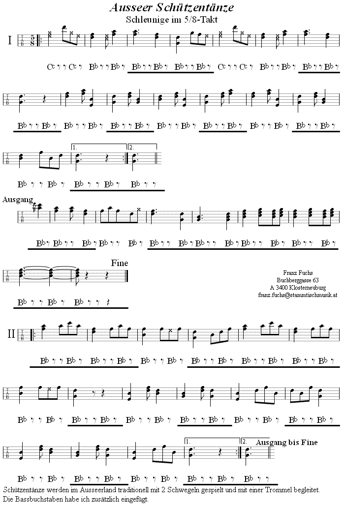 Ausseer Schützentänze im 5/8-Takt, in Griffschrift für Steirische Harmonika