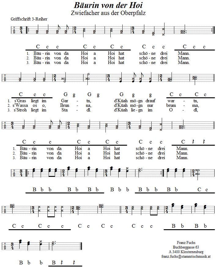 Bäurin von der Hoi, in Griffschrift für Steirische Harmonika