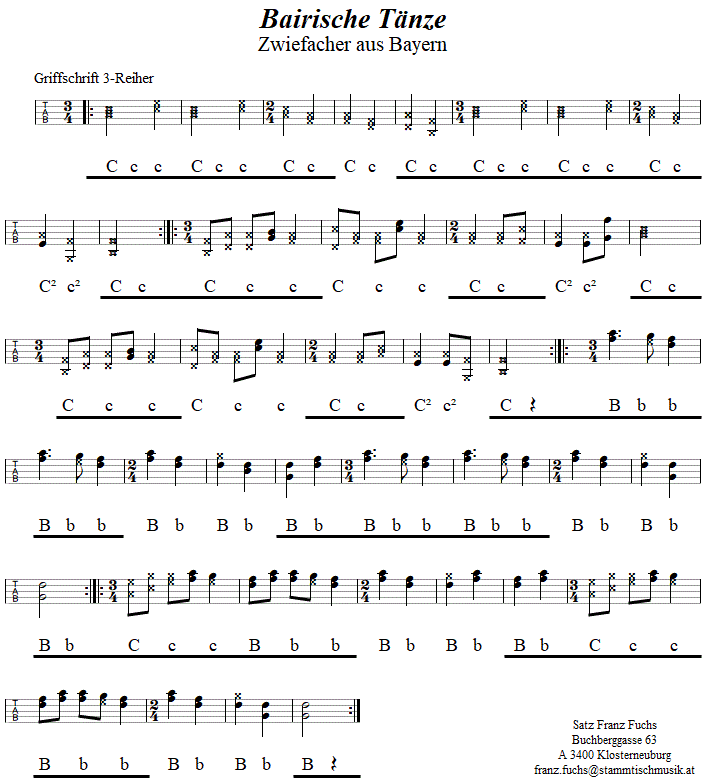 Bairische Tänze, Zwiefacher in Griffschrift für Steirische Harmonika