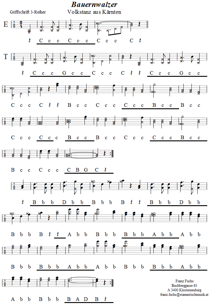 Bauernwalzer in Griffschrift - Musik zum Volkstanz - Volksmusik und Volkstanz