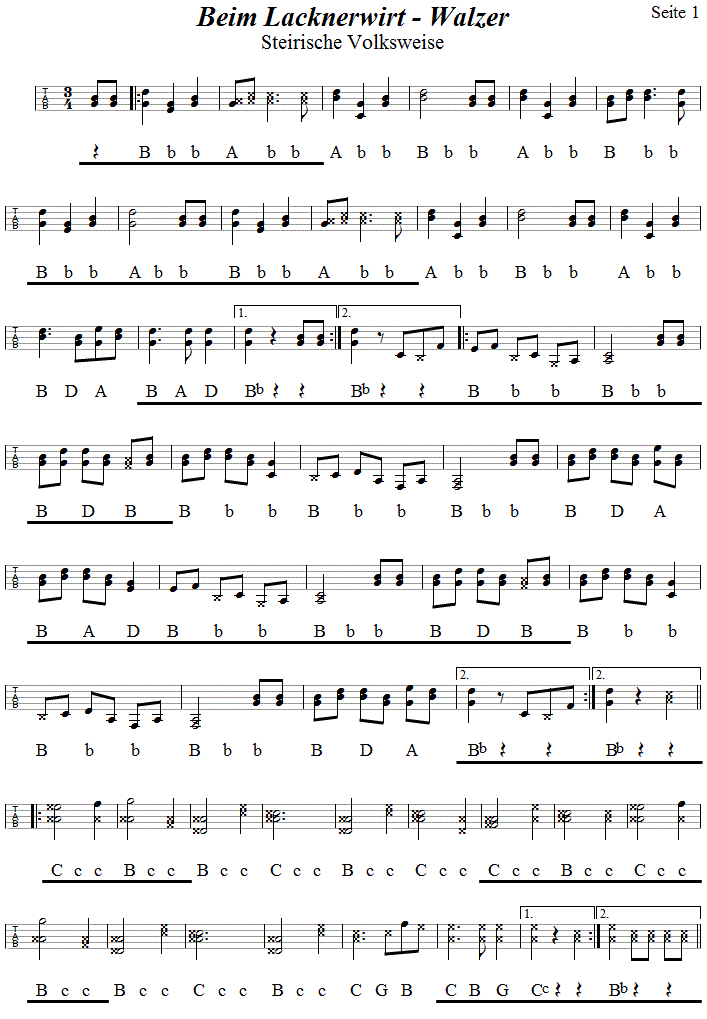 Beim Lacknerwirt Walzer - in Griffschrift für Steirische Harmonika