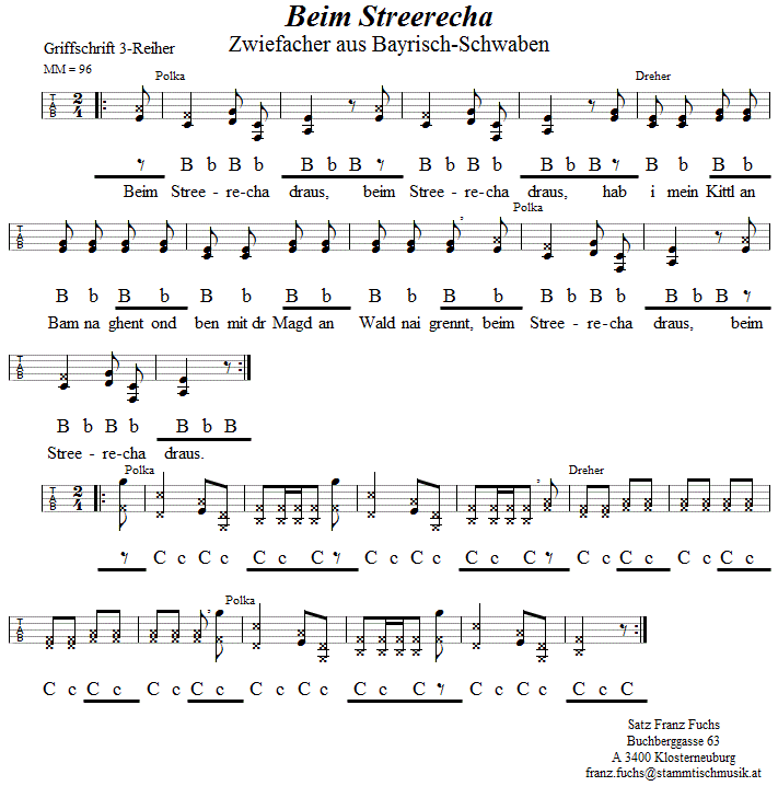 Beim Streerecha - Zwiefacher, in Griffschrift für Steirische Harmonika