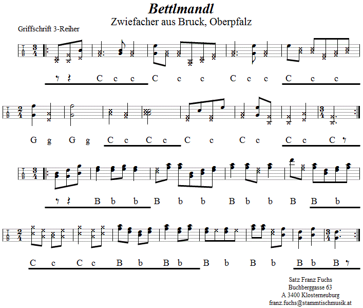 Bettelmandl, Zwiefacher in Griffschrift für Steirische Harmonika