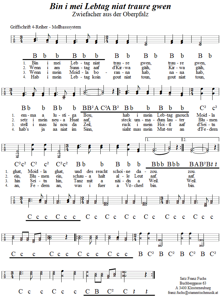 Bin i mei Lebtag niat traure gwen, Zwiefacher in Griffschrift für Steirische Harmonika