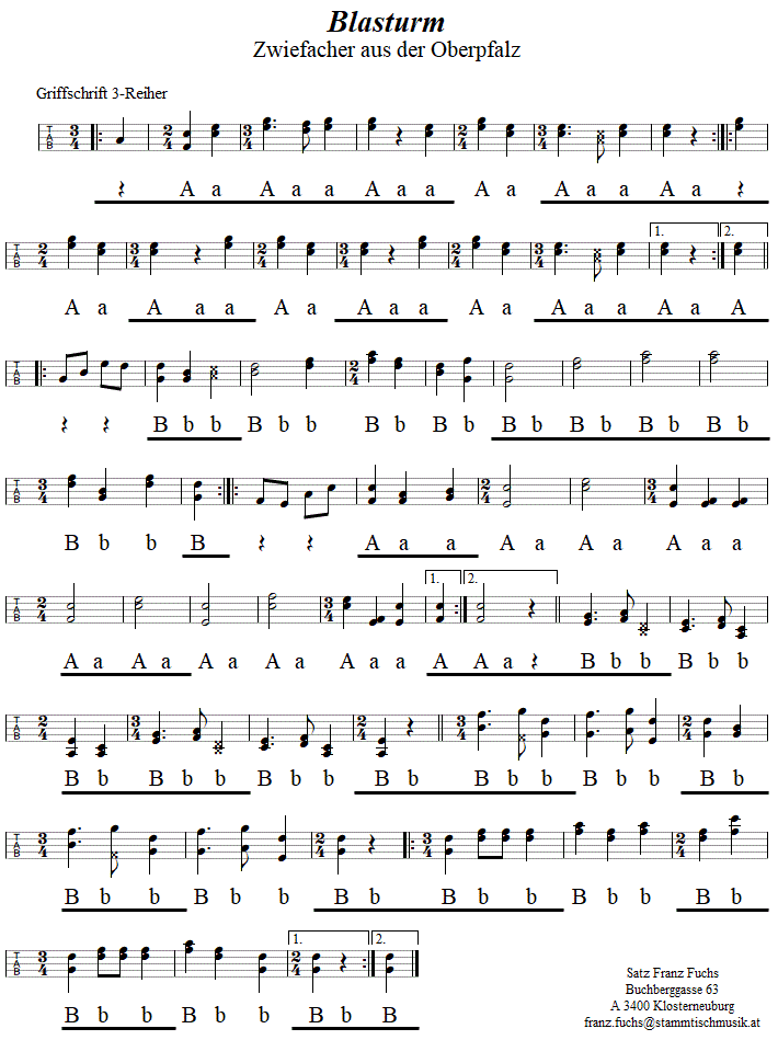 Blasturm, Zwiefacher aus der Oberpfalz, in Griffschrift für Steirische Harmonika