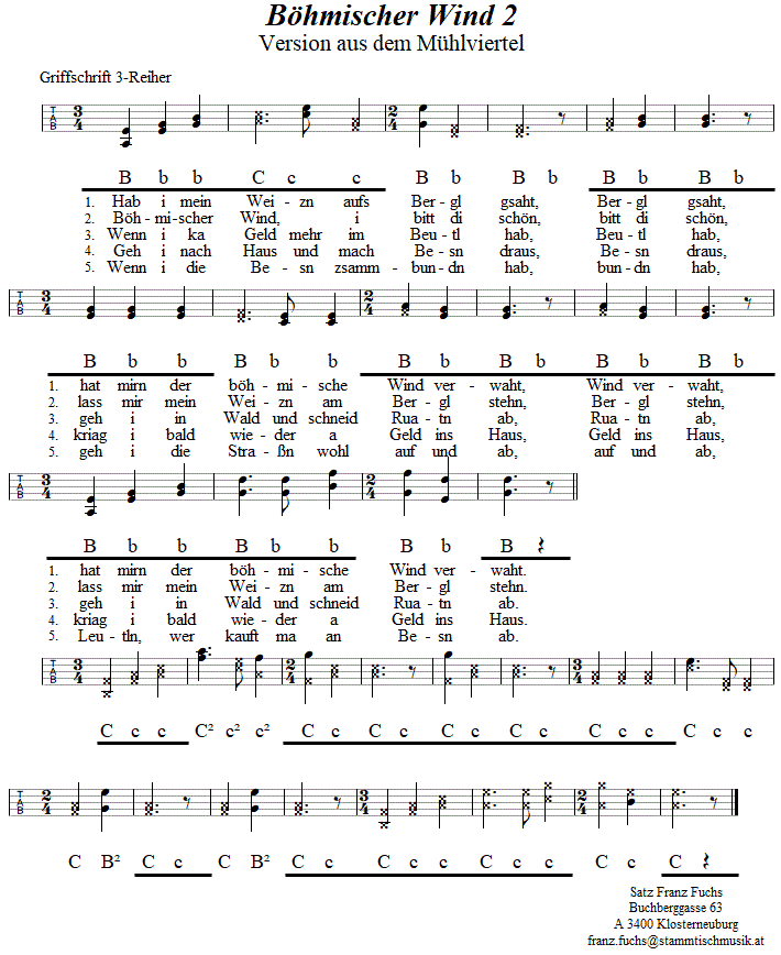 Böhmischer Wind 2, Zwiefacher, in Griffschrift für Steirische Harmonika