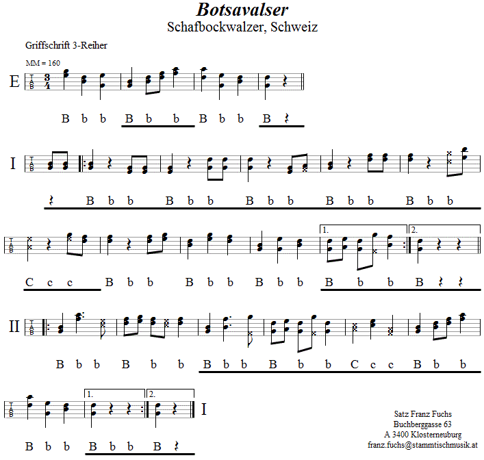 Botsavalser (Schafbockwalzer), in Griffschrift für Steirische Harmonika