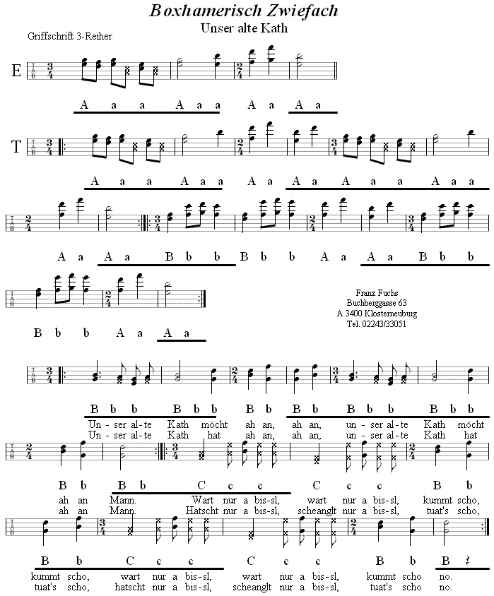 Boxhamerisch - Zwiefacher (Unser alte Kath) in Griffschrift für Steirische Harmonika