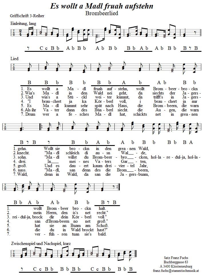 Es wollt a Madl fruah aufstehn (Brombeerlied) - in Griffschrift für Steirische Harmonika