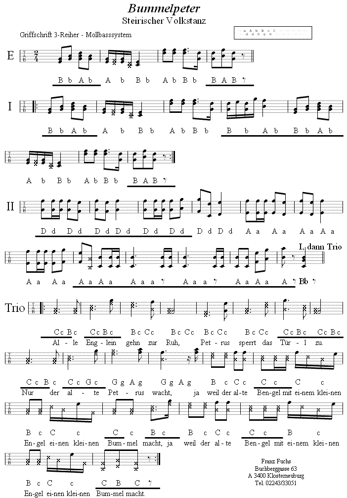 Bummelpeter (Rheinländer) in Griffschrift - Musik zum Volkstanz - Volksmusik und Volkstanz