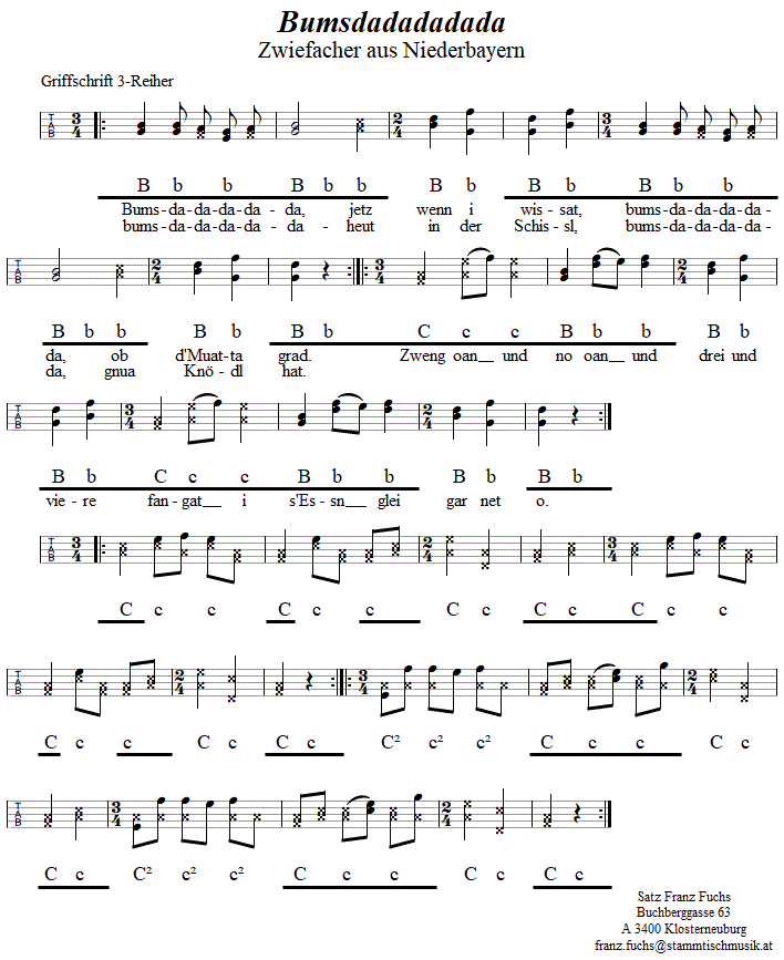 Bumsdadadadada, Zwiefacher, in Griffschrift für Steirische Harmonika