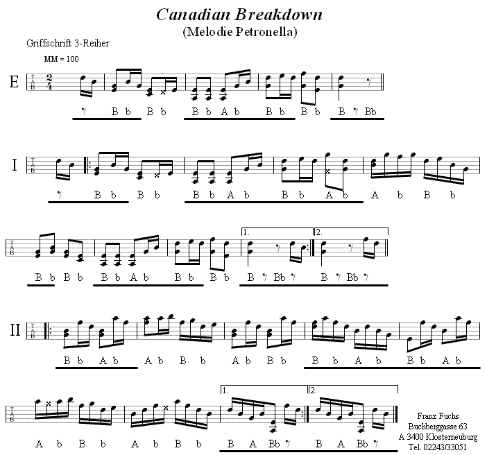 Canadian Breakdown (Melodie Petronella) in Griffschrift für Steirische Harmonika