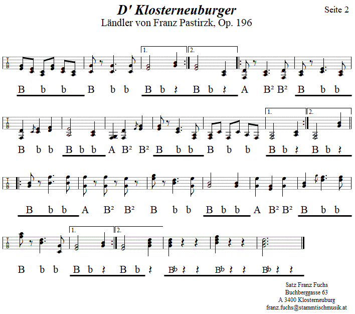 D' Klosterneuburger, Ländler von Franz Pastirzk, in Griffschrift für Steirische Harmonika