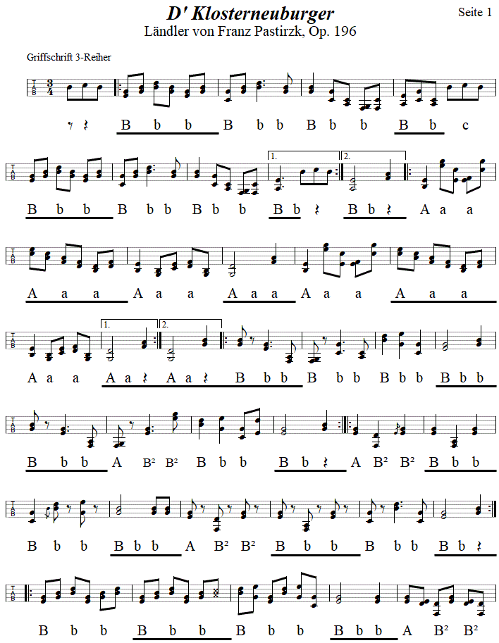 D' Klosterneuburger, Ländler von Franz Pastirzk, in Griffschrift für Steirische Harmonika