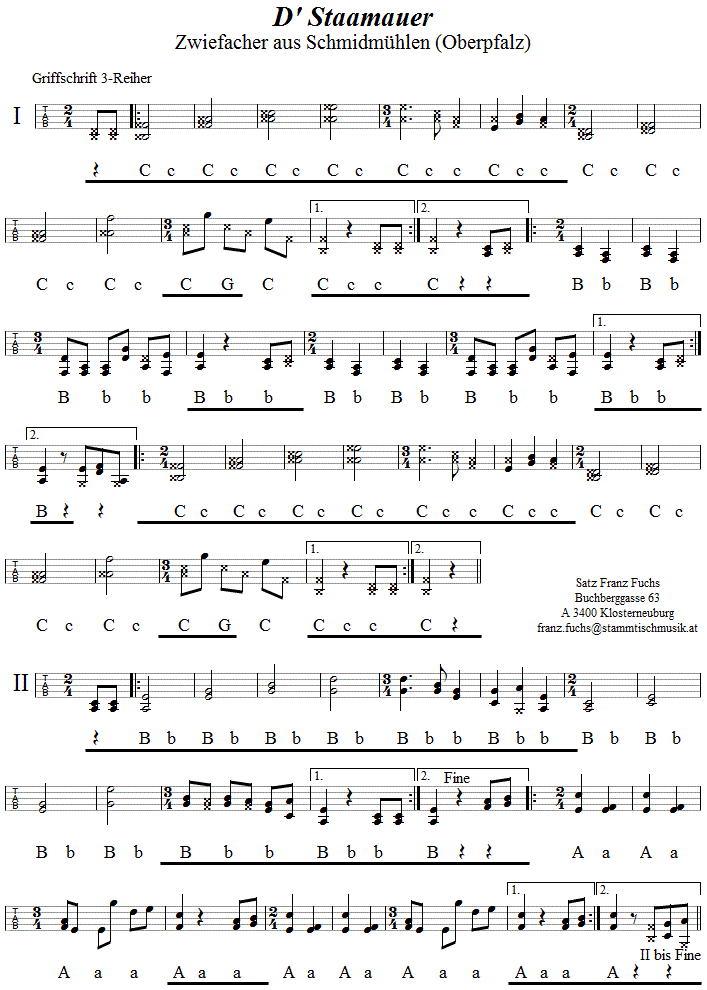 D' Staamauer, Zwiefacher in Griffschrift für Steirische Harmonika