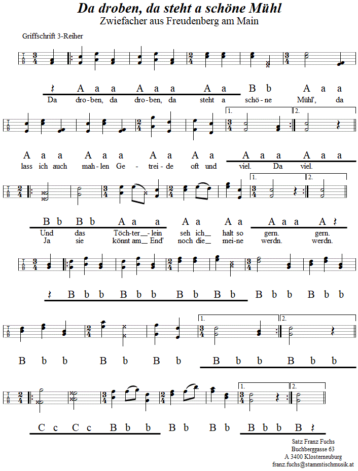 Da droben da steht a schöne Mühl, in Griffschrift für Steirische Harmonika