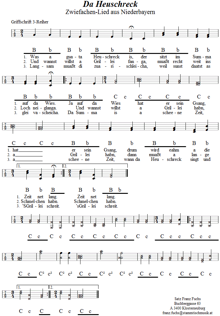 Da Heuschreck, Zwiefachen-Lied, in Griffschrift für Steirische Harmonika