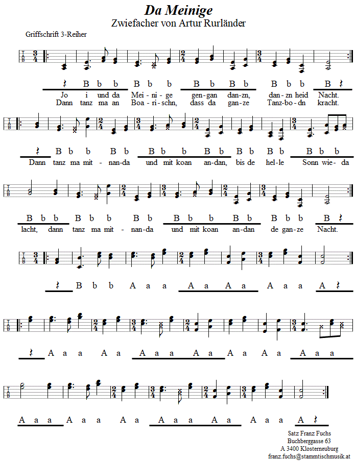 Da Meinige, Zwiefacher von Artur Rurländer, in Griffschrift für Steirische Harmonika