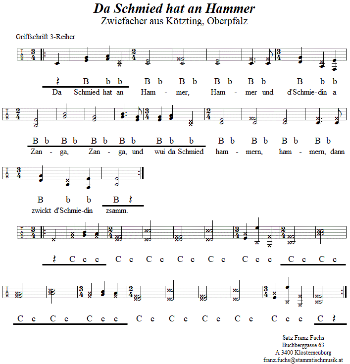 Da Schmied hat an Hammer, (Lochzang,) Zwiefacher, in Griffschrift für Steirische Harmonika