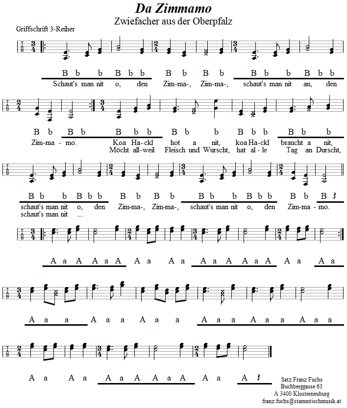 Da Zimmamo, Zwiefacher aus der Oberpfalz in Griffschrift für Steirische Harmonika