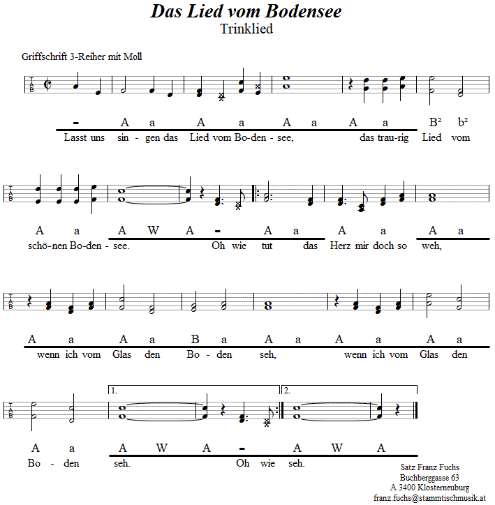 Das Lied vom Bodensee - Trinklied in Griffschrift für Steirische Harmonika