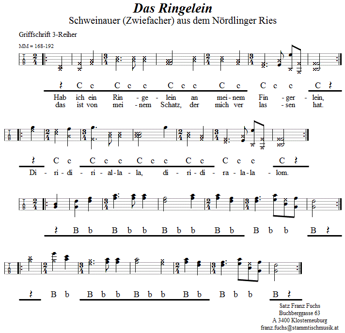 Das Ringelein, Schweinauer (Zwiefacher) in Griffschrift für Steirische Harmonika