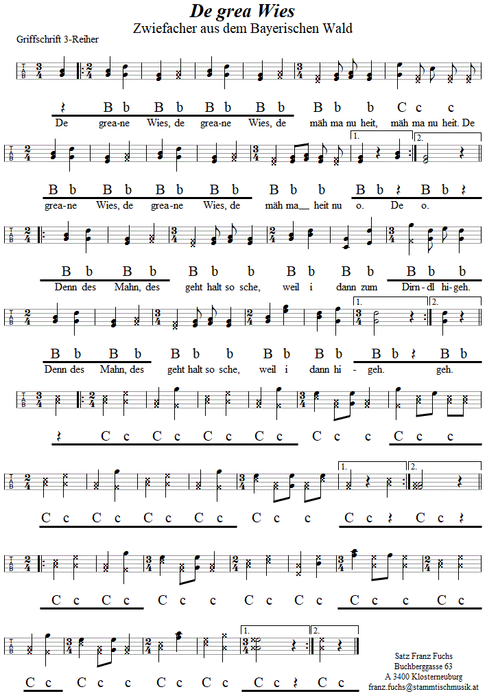 De grea Wies, Zwiefacher in Griffschrift für Steirische Harmonika