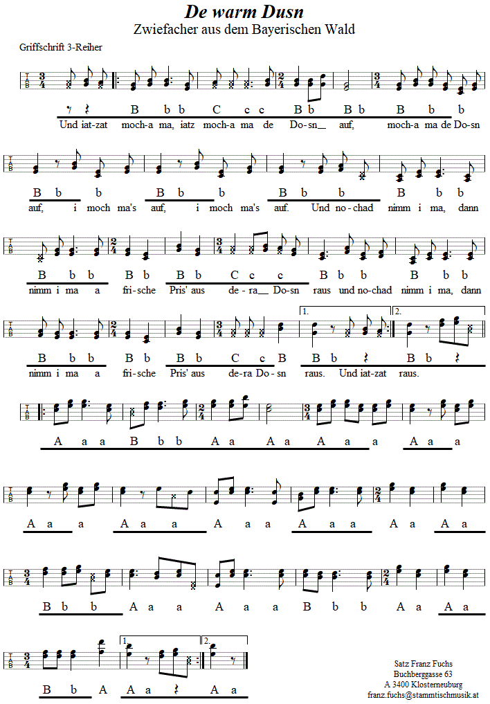 De warm Dusn (Dosn), Zwiefacher in Griffschrift für Steirische Harmonika