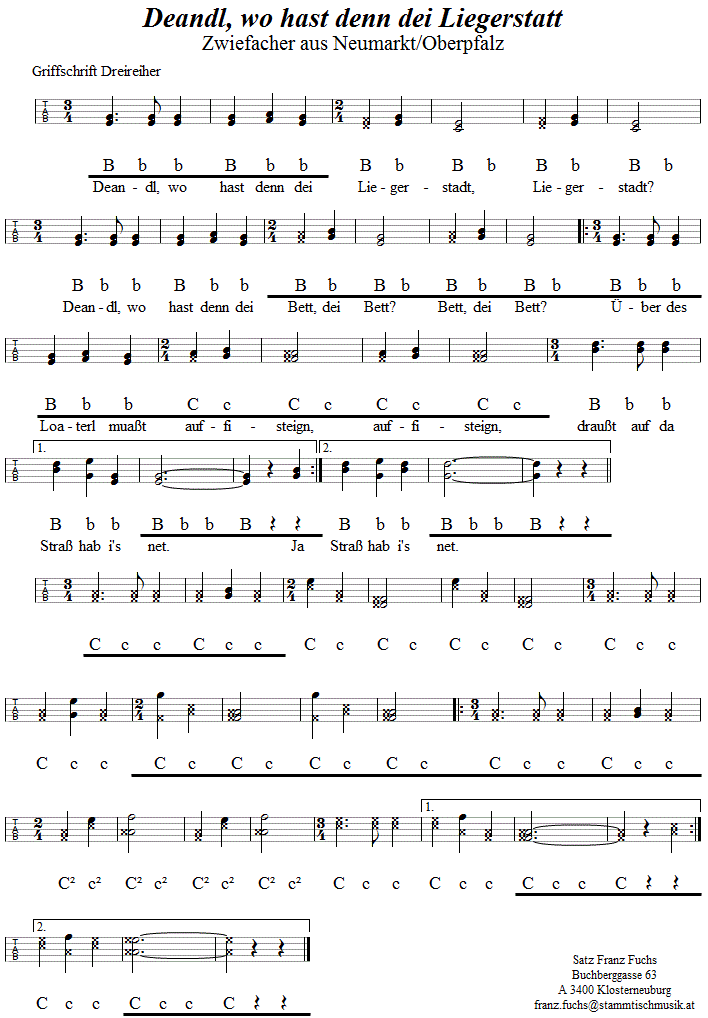 Deandl wo hast denn dei Liegerstatt, Zwiefacher aus der Oberpfalz, in Griffschrift für Steirische Harmonika