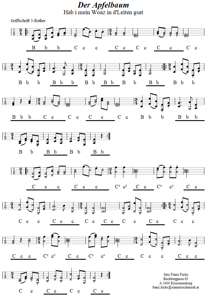 Der Apfelbaum, Zwiefacher in Griffschrift für Steirische Harmonika