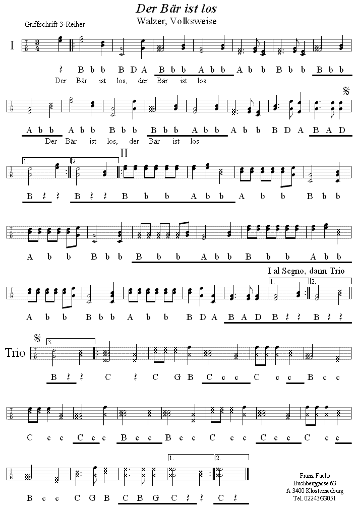 Der Bär ist los, Mitteregger Walzer in Griffschrift für Steirische Harmonika