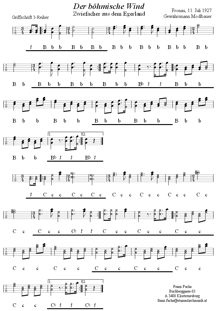 Der böhmische Wind - Zwiefacher aus dem Egerland in Griffschrift für steirische Harmonika