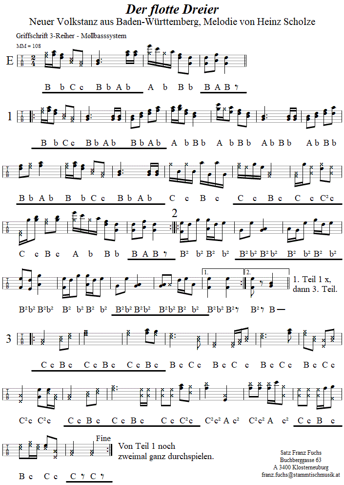 Der flotte Dreier, in Griffschrift für Steirische Harmonika