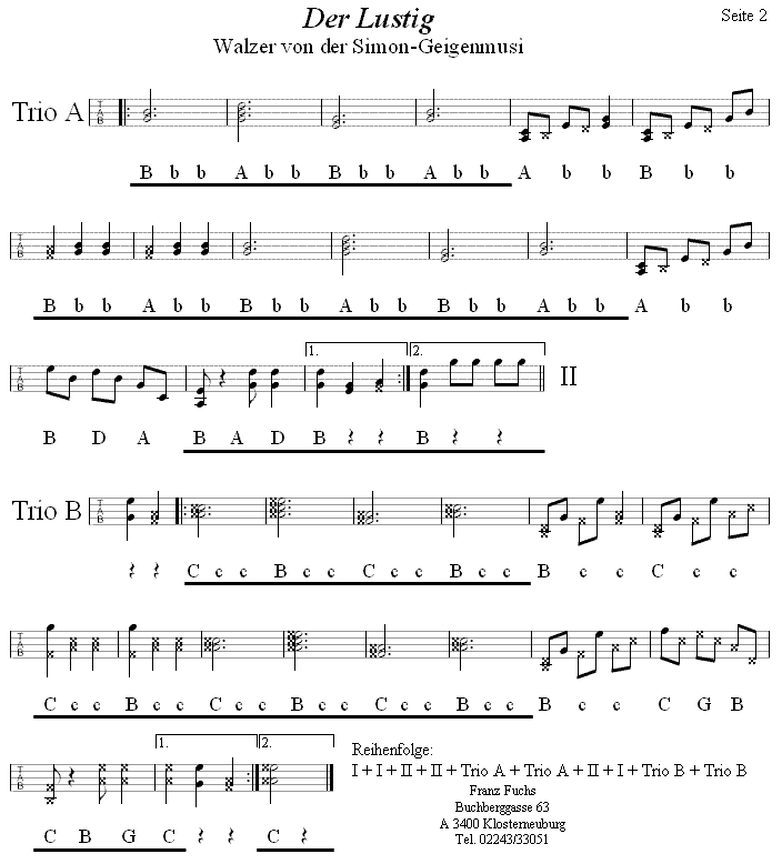 Der Lustig, Walzer von der Simon-Geigenmusi in Griffschrift für Steirische Harmonika