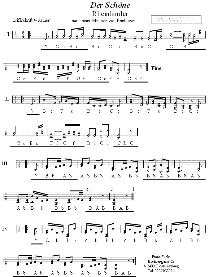 Der Schöne Rheinländer in Griffschrift für Vierreihige Steirische Harmonika