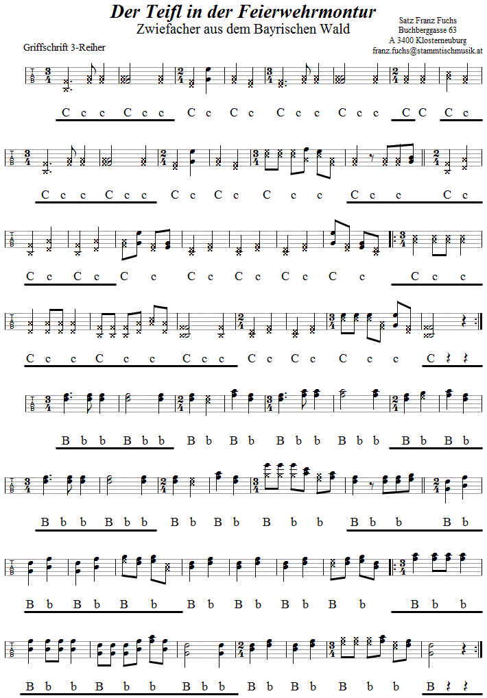 Der Teifl in der Feierwehrmontur - Zwiefacher, in Griffschrift für Steirische Harmonika