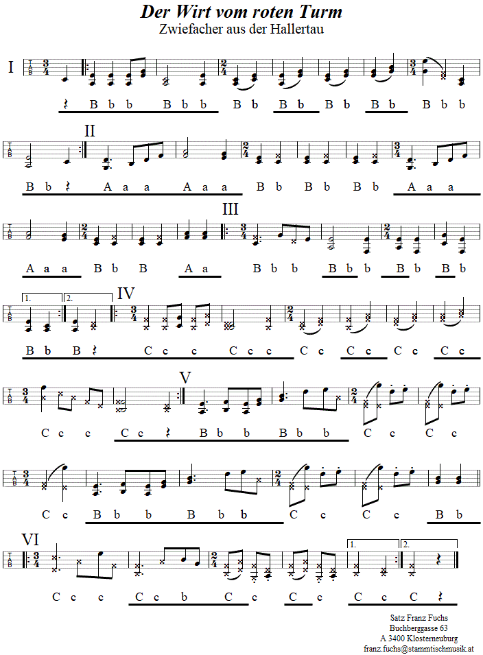 Der Wirt vom roten Turm - Zwiefacher, in Griffschrift für Steirische Harmonika