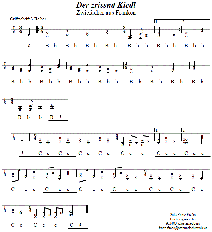 Der zrissnä Kiedl Zwiefacher, in Griffschrift für Steirische Harmonika