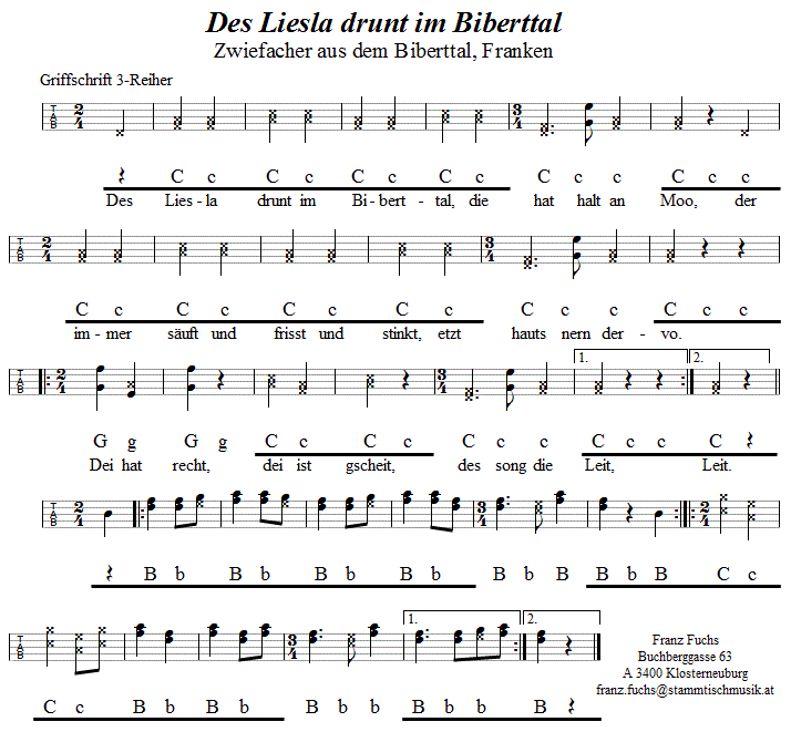 Des Liesla drunt im Biberttal, Zwiefacher aus Franken in Griffschrift für Steirische Harmonika