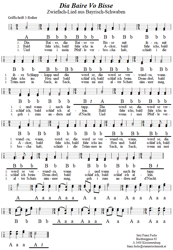 Dia Baire vo Bisse, Zwiefacher in Griffschrift für Steirische Harmonika