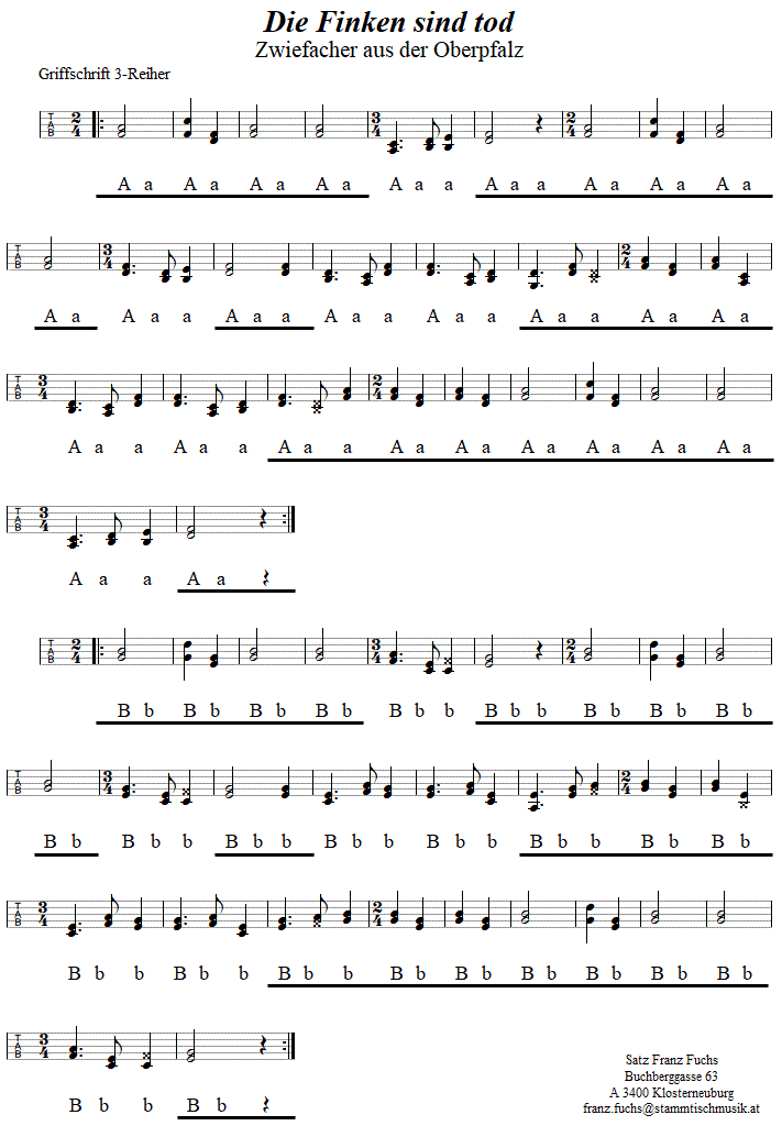Die Finken sind tod, Zwiefacher in Griffschrift für Steirische Harmonika