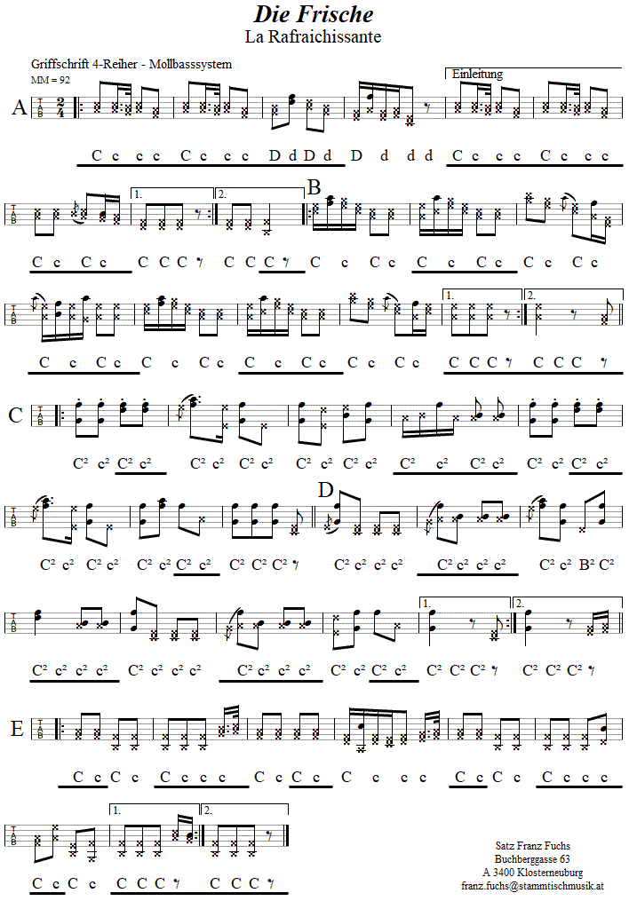 Die Frische (La Rafraichissante) in Griffschrift für Steirische Harmonika