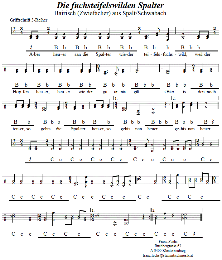 Die fuchsteufelswilden Spalter, Zwiefacher in Griffschrift für Steirische Harmonika