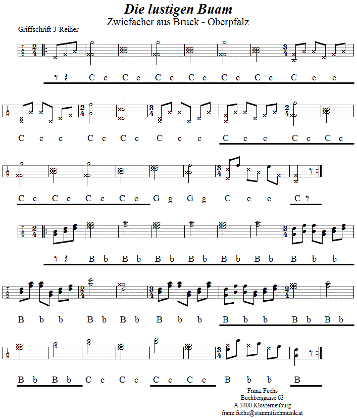 Die lustigen Buam, Zwiefacher in Griffschrift für Steirische Harmonika