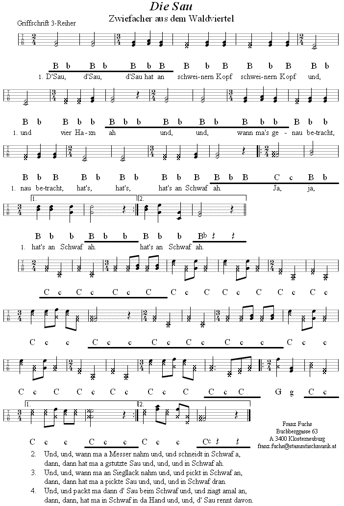 Die Sau, Zwiefacher in Griffschrift für Steirische Harmonika