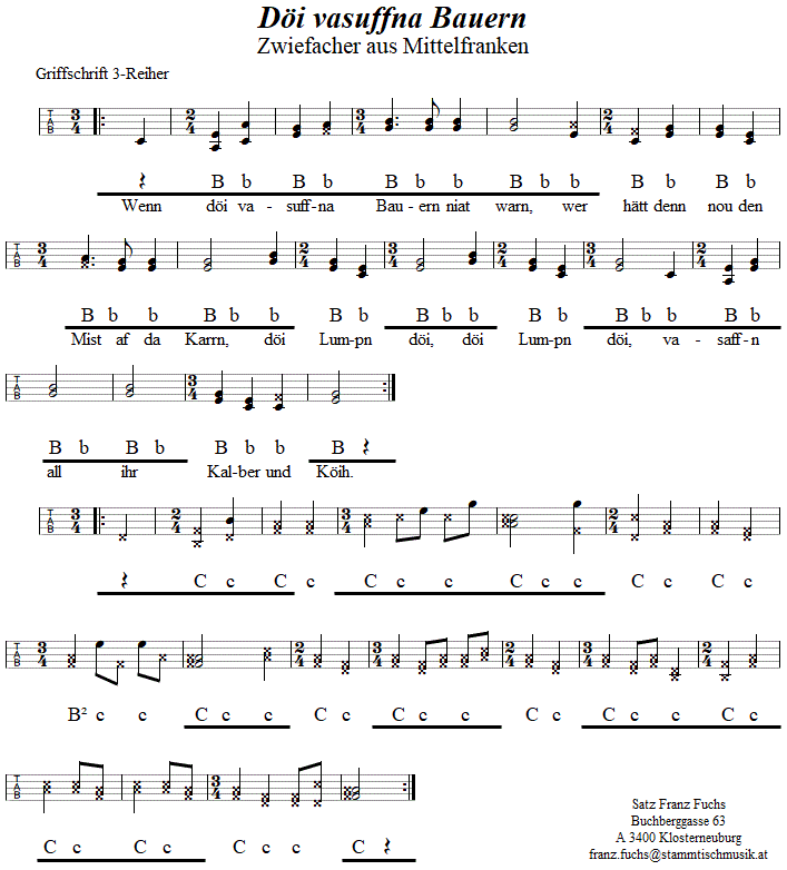 Döi vasuffna Bauern - Zwiefacher, in Griffschrift für Steirische Harmonika