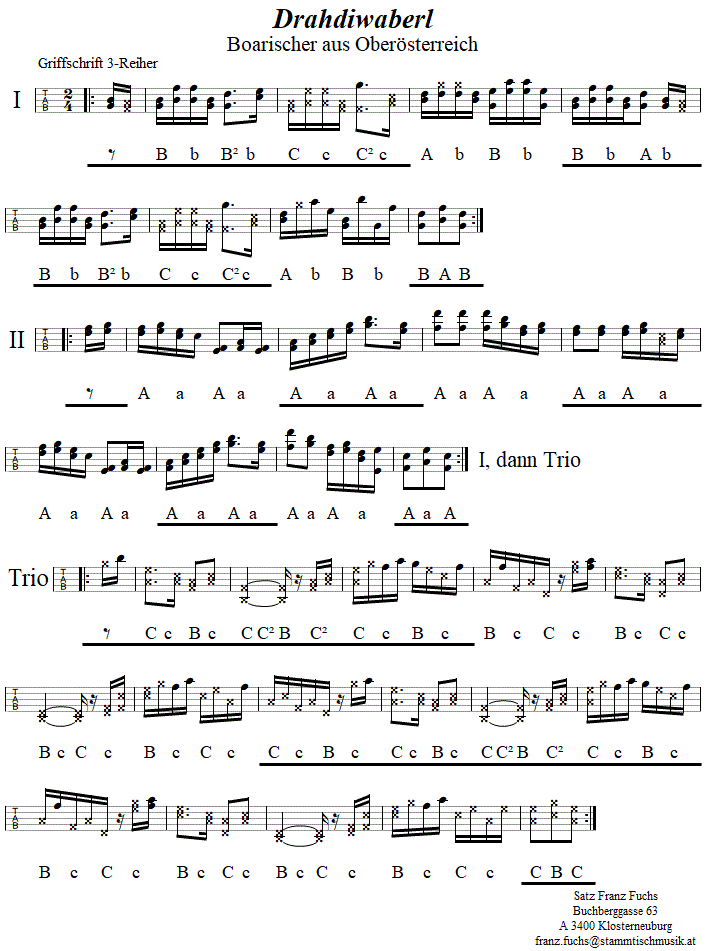 Drahdiwaberl, Boarischer in Griffschrift für Steirische Harmonika