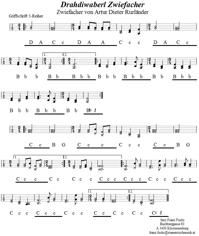 Drahdiwaberl Zwiefacher von Artur Dieter Rurländer, in Griffschrift für Steirische Harmonika